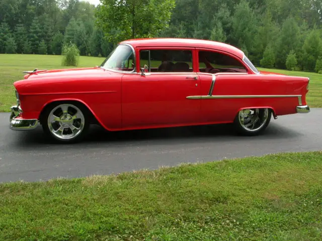 55 Chevy 210 2dr Sedan Hot Red W Red Leather Interior Pro Street 5 Speed Classic Chevrolet 6374