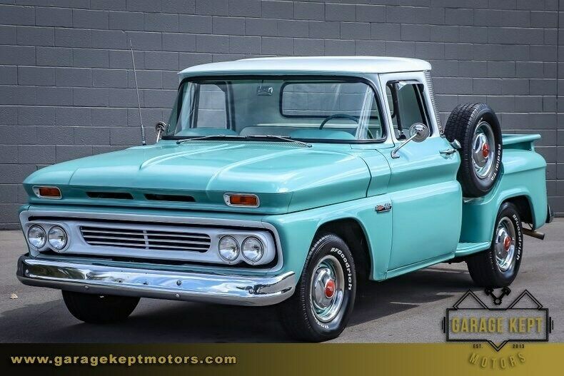 1961 chevrolet c10 stepside shortbox teal and white pickup truck 235ci inline 6 cy
